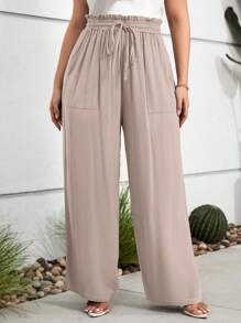 SHEIN LUNE Plus Paperbag Waist Knot Front Wide Leg Pants - Khaki - View 5