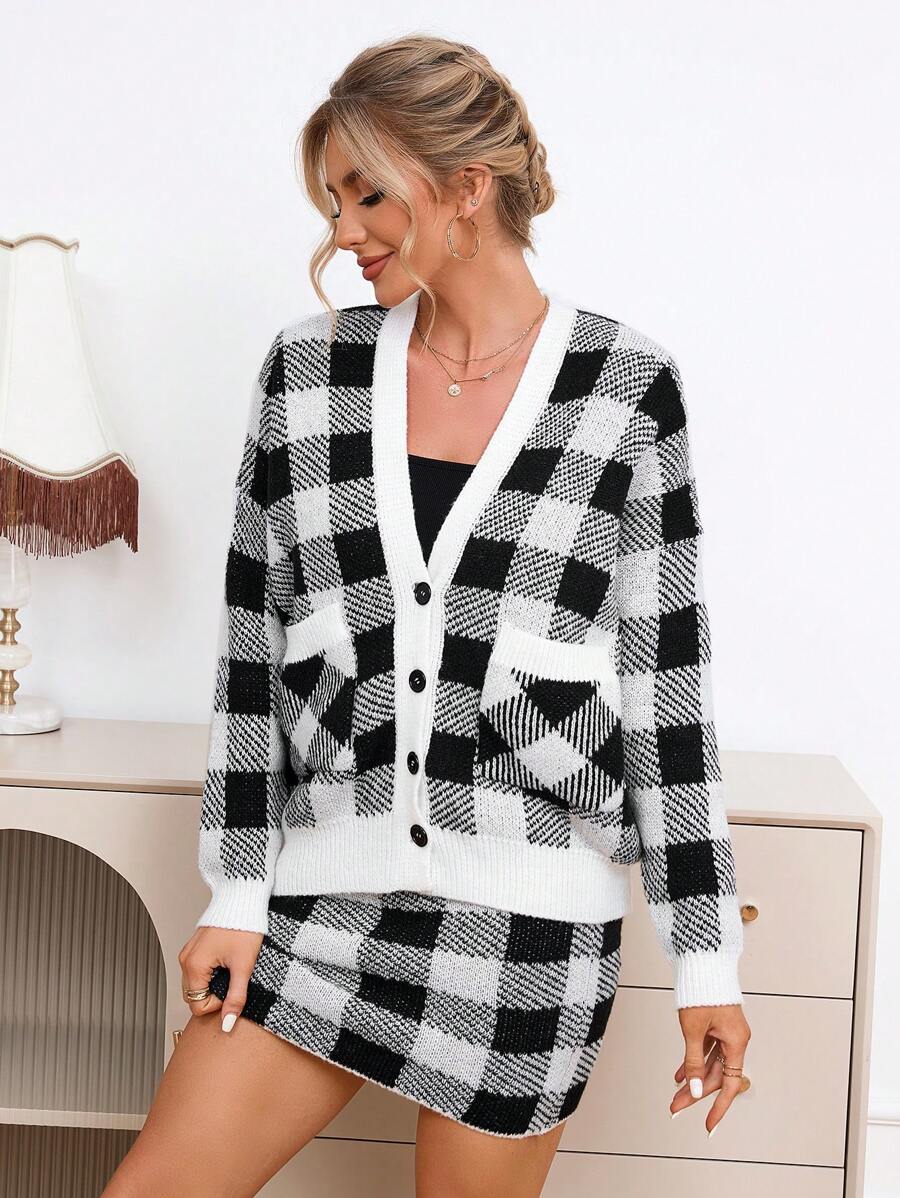 GENKIRA 1pc Plaid Pattern Drop Shoulder Cardigan & 1pc Knit Skirt - Black and White - View 1