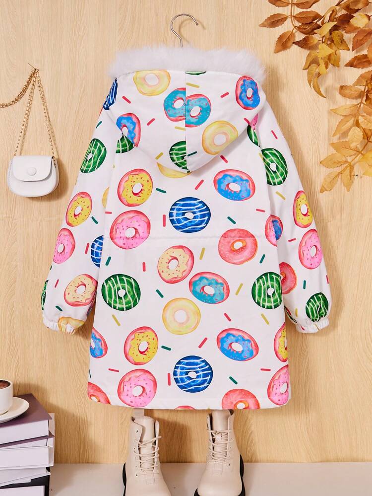 Tween Girl Donut Print Fuzzy Trim Hooded Thermal Lined Padded Coat