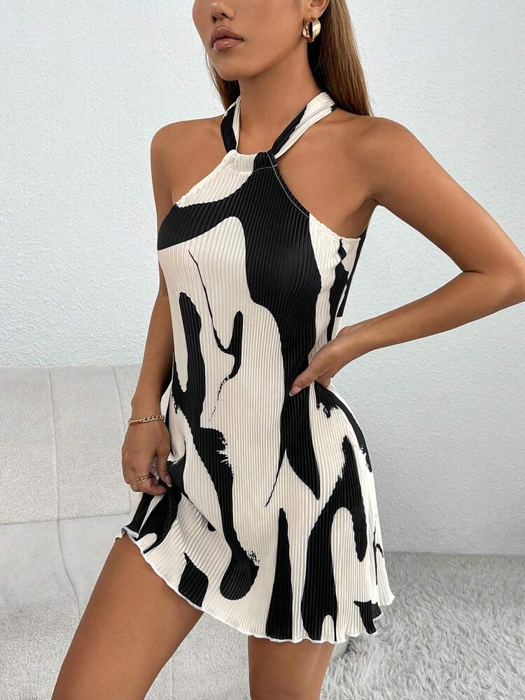 Graphic Print Lettuce Trim Halter Short Summer Dress,Summer Dresses For Women