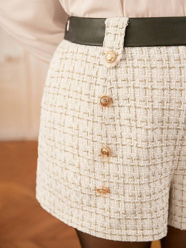 Plus Plaid Pattern Double Breasted Tweed Shorts