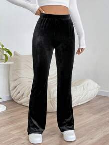 SHEIN EZwear Viền chia cắt Quần ống loe - màu đen - Xem 4