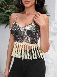 SHEIN VCAY Patchwork Print Fringe Hem Cami Top - Brown - View 4