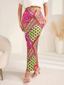 SHEIN LUNE Pañuelo con estampado de retazo Falda de lápiz - Multicolor - Ver 3