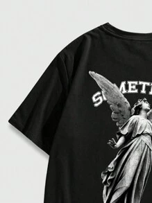 ROMWE MEN Street Life Men Slogan & Angel Graphic Tee, School - Black - View 4