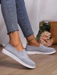 Hàng mới đến Của phụ nữ Kích thước lớn Đúng mốt Và Giải trí Giày lười Dệt kim Mùa Xuân , Mùa hè , Và Mùa thu Giày đế bệt - Xám - Xem 2