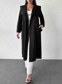 SHEIN Cottnline Double Breasted Belted Trench Coat - Black - View 4