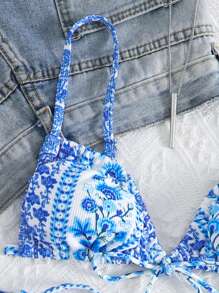 SHEIN Swim 夏季沙灘花卉印花系帶比基尼套裝 - 藍白色 - 查看 3