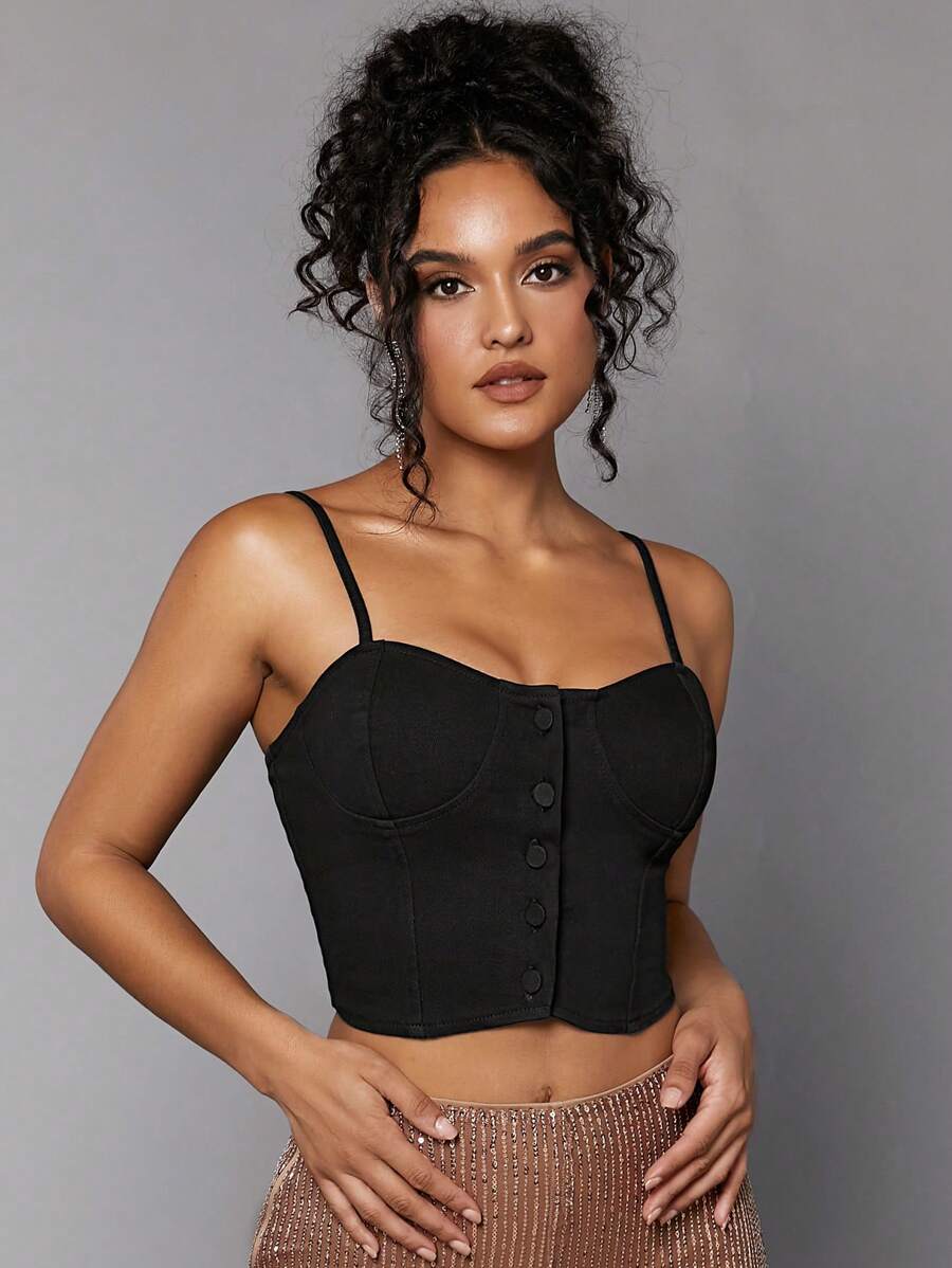 SHEIN BAE Button Front Bustier Cami Denim Top - Blue - View 1