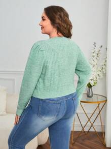 SHEIN Essnce 大碼泡泡袖前紐扣開襟衫 - 綠色 - 查看 2