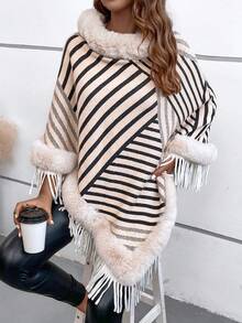 EMERY ROSE Suéter capa con patrón de rayas ribete lanudo - Beis - Ver 5