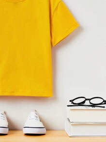SHEIN 男小童素色落肩T恤 - 黃色 - 查看 3