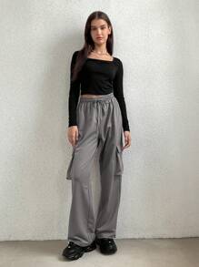 SHEIN Unity Flap Pocket Side Drawstring Waist Cargo Pants Fall Cloth For Women - Grey - View 4