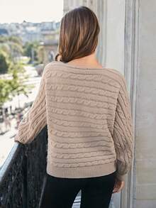 SHEIN Frenchy 素色麻花編織套頭毛衣 - 卡其色 - 查看 5