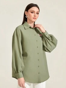 Mulvari Áo sơ mi nữ Đắp vá Túi Nút phía trước Lá thư Giải trí - Màu xanh Ô liu - Xem 5