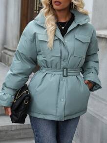 SHEIN LUNE Flap Pocket Drop Shoulder Belted Padded Padded Coat Clothes Winter - Army Green - View 5