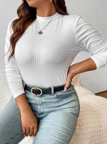 SHEIN Frenchy Camiseta De Punto Con Cuello Alto Acanalada Y Sólido Para Mujer De Talla Grande - Blanco - Ver 3