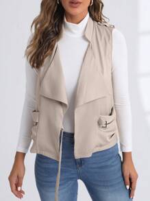 SHEIN LUNE Waterfall Collar Draped Ruched Vest Jacket - Khaki - View 4
