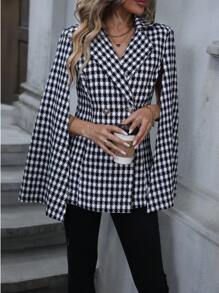 SHEIN Clasi In Houndstooth áo tay cánh Đôi ngực Cape Blazer - Đen và trắng - Xem 3