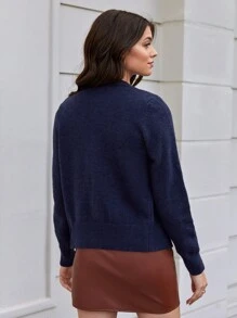 SHEIN Frenchy 花卉刺繡前紐扣套頭毛衣 - 藏蓝色 - 查看 2