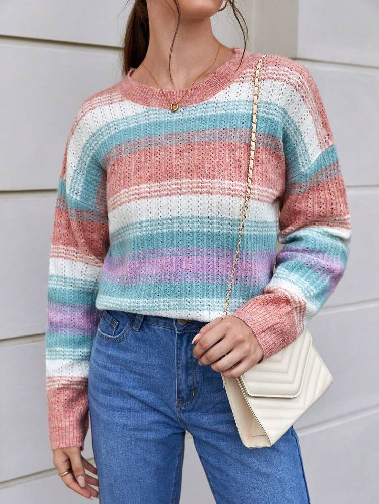 Color Block Drop Shoulder Knit Pullover Fall Winter Sweater