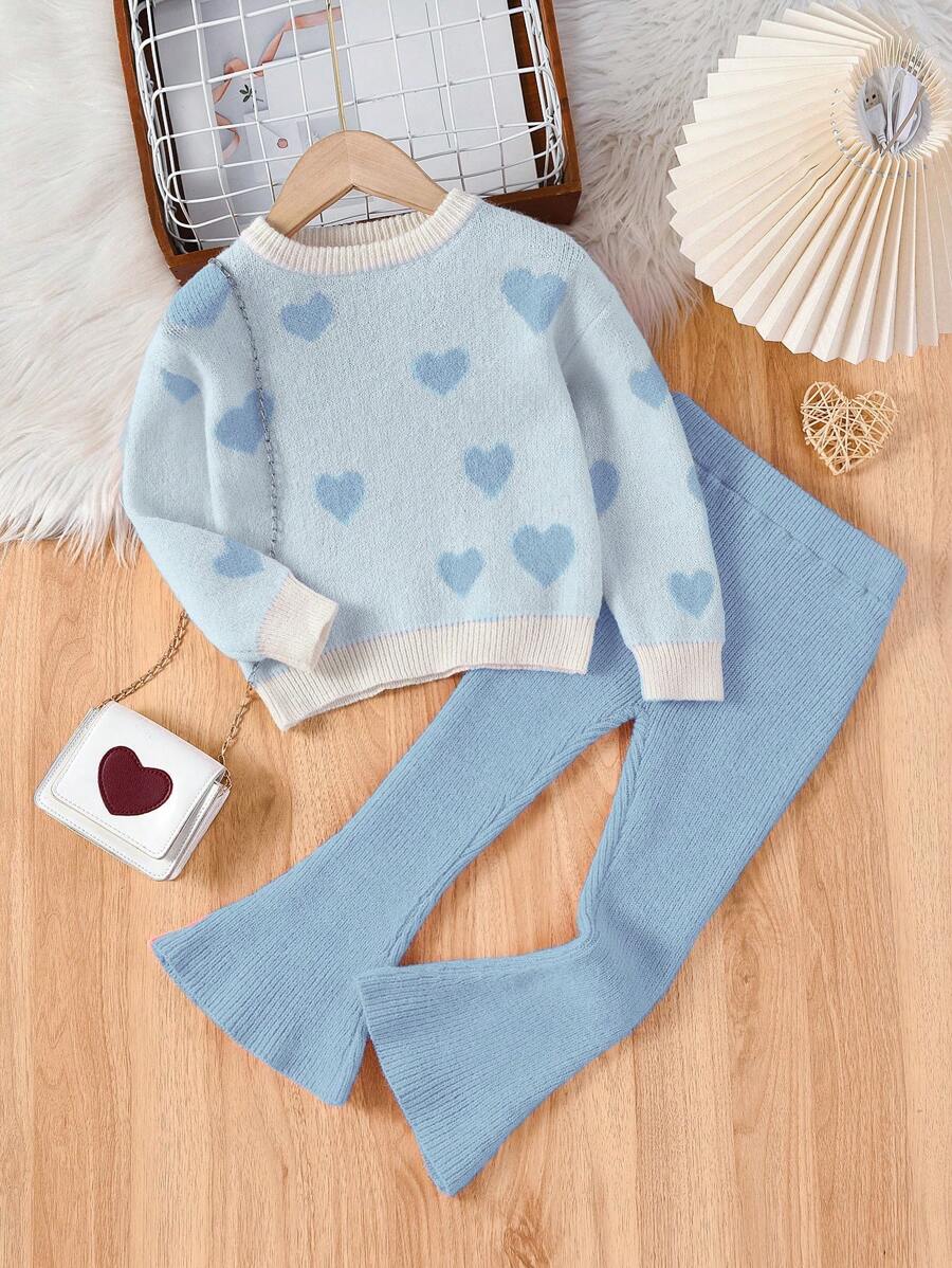SHEIN Young Girl Heart Pattern Sweater & Flare Leg Knit Pants - Blue - View 1