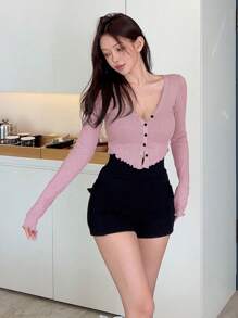 DAZY 實色鈕扣前短袖t恤 - 藕粉色 - 查看 5