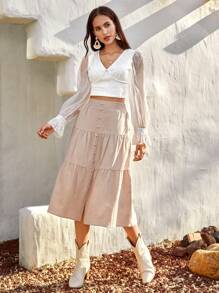 SHEIN VCAY Contrast Lace Flare Sleeve Crop Top