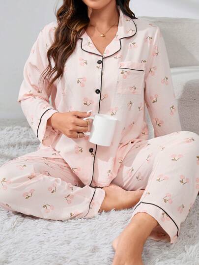 CottageSlumber 印花撞色滚边上衣和裤子睡衣套装，秋冬舒适睡衣，温暖舒适