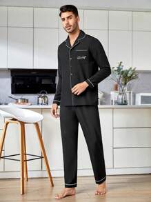 Men Letter Graphic Contrast Piping PJ Set / Pajama Set - Black - View 3