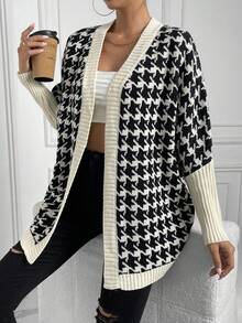 SHEIN Essnce 千鳥格圖案蝙蝠袖開襟開衫 - 黑色 - 查看 6