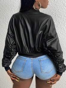 Slaydiva Zip Up Crop PU Leather Bomber Jacket - Black - View 2