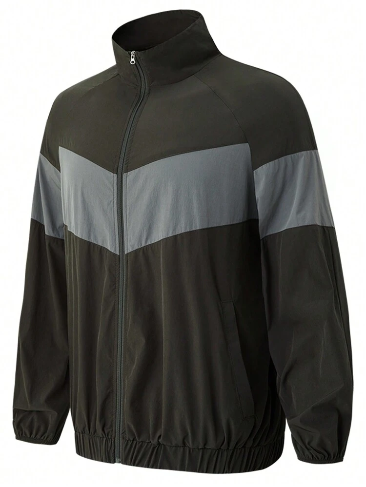 Men Colorblock Zip Up Raglan Sleeve Sports Jacket Workout Tops Sports Jacket