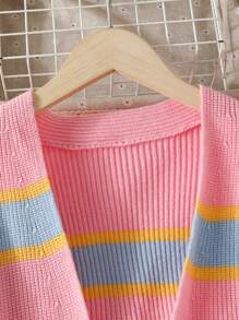 SHEIN Tween Girl Striped Pattern Drop Shoulder Duster Cardigan - Pink - View 3
