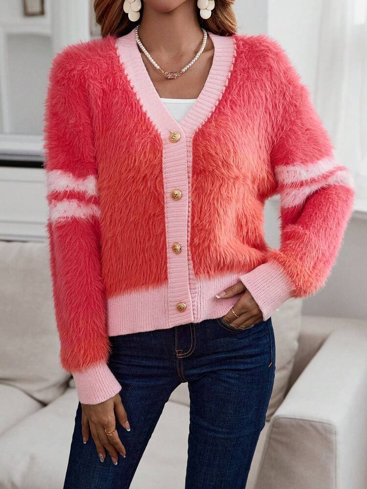 Striped Pattern Button Front Fuzzy Cardigan