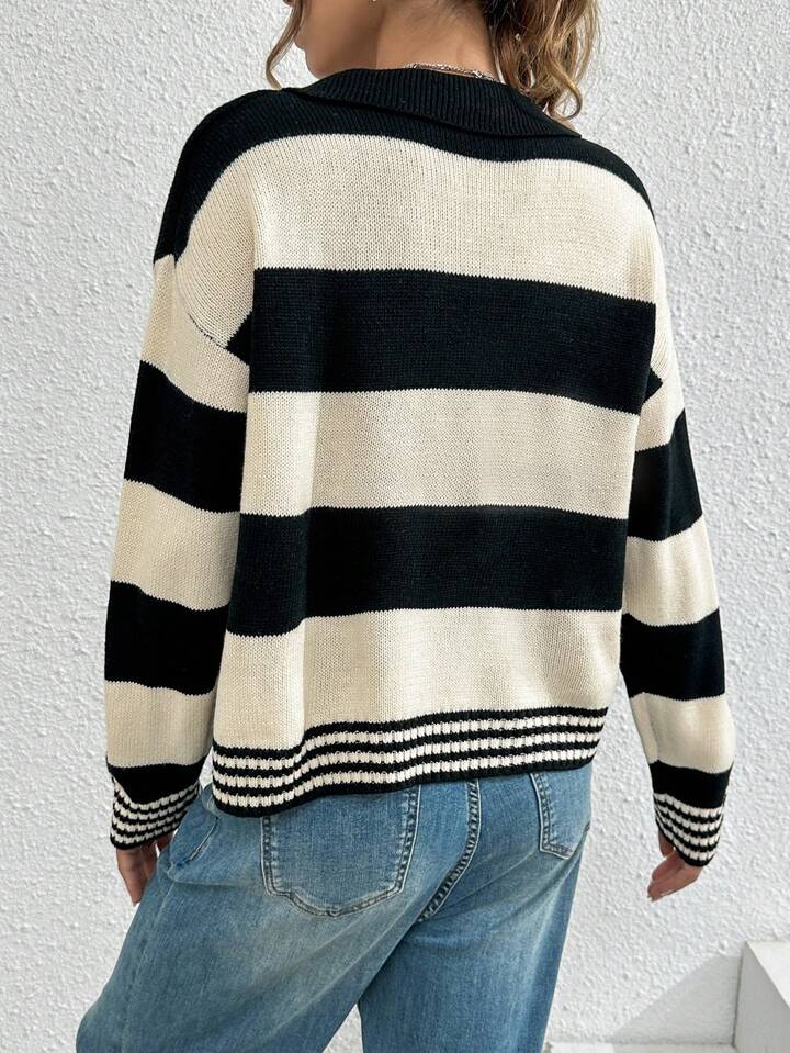Two Tone Striped Trim Drop Shoulder Sweater | SHEIN USA