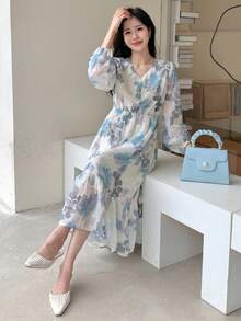 DAZY In hoa Tay áo lồng đèn Nút phía trước Đầm - Nhiều màu - Xem 4