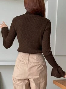 DAZY 小高領荷葉邊袖毛衣 - 棕色 - 查看 9
