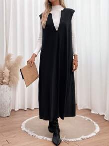 SHEIN LUNE Solid Sleeveless Tunic Dress Without Tee - Black - View 1