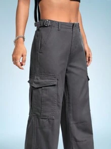 SHEIN ICON 側翻蓋口袋高腰牛仔褲 - 灰色 - 查看 6