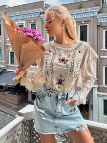 SHEIN Cottnline Floral Embroidery Ruffle Trim Flounce Sleeve Blouse - Beige - View 1