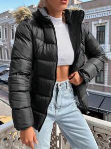 RueChic Fuzzy Trim Hooded Puffer Coat - Black - View 5