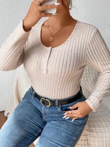 SHEIN Frenchy 大碼半扣羅紋針織T恤 - 杏色 - 查看 3