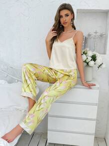 花卉印花缎面睡衣套装 / 睡衣套装 - 黃色 - 查看 4