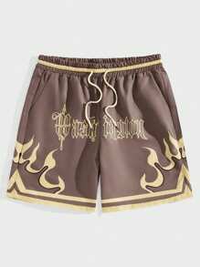 ROMWE MEN Street Life Men Fire & Letter Graphic Drawstring Waist Shorts, School - Brown - View 1