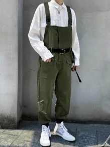 Men Flap Pocket Belted Overalls Without Shirt - Army Green - View 3