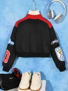 Cô gái Tween Đồ họa Chữ cái Dây kéo Áo khoác bomber - màu đen - Xem 2