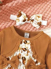 女嬰印花前蝴蝶結洋裝和頭巾 - 棕色 - 查看 3