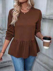 SHEIN LUNE Solid Ruffle Hem Tee - Chocolate Brown - View 1