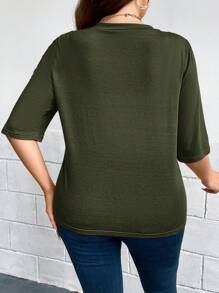 SHEIN LUNE 大码女装秋季豹纹印花七分袖日常休闲飞行员夹克，适合秋冬季返校季穿着 - 軍綠色 - 查看 2